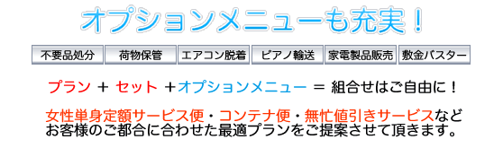 不要品処分・荷物保管・エアコン脱着・ピアノ輸送・家電製品販売など、お客様のご都合に合わせた最適プランをご提案します！女性単身定額サービス便・コンテナ便・無忙値引きサービスなど多彩なお引越しメニューもぜひご利用下さい！